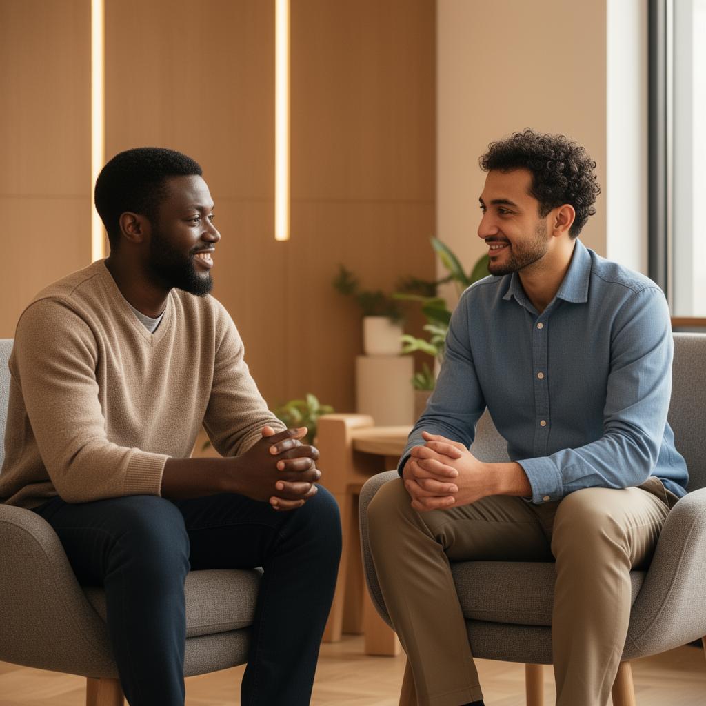 Two men in a supportive peer conversation