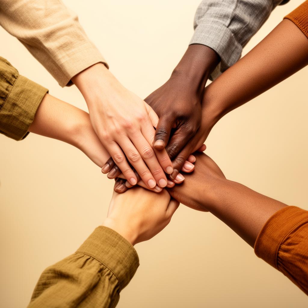 Diverse hands coming together in unity and support