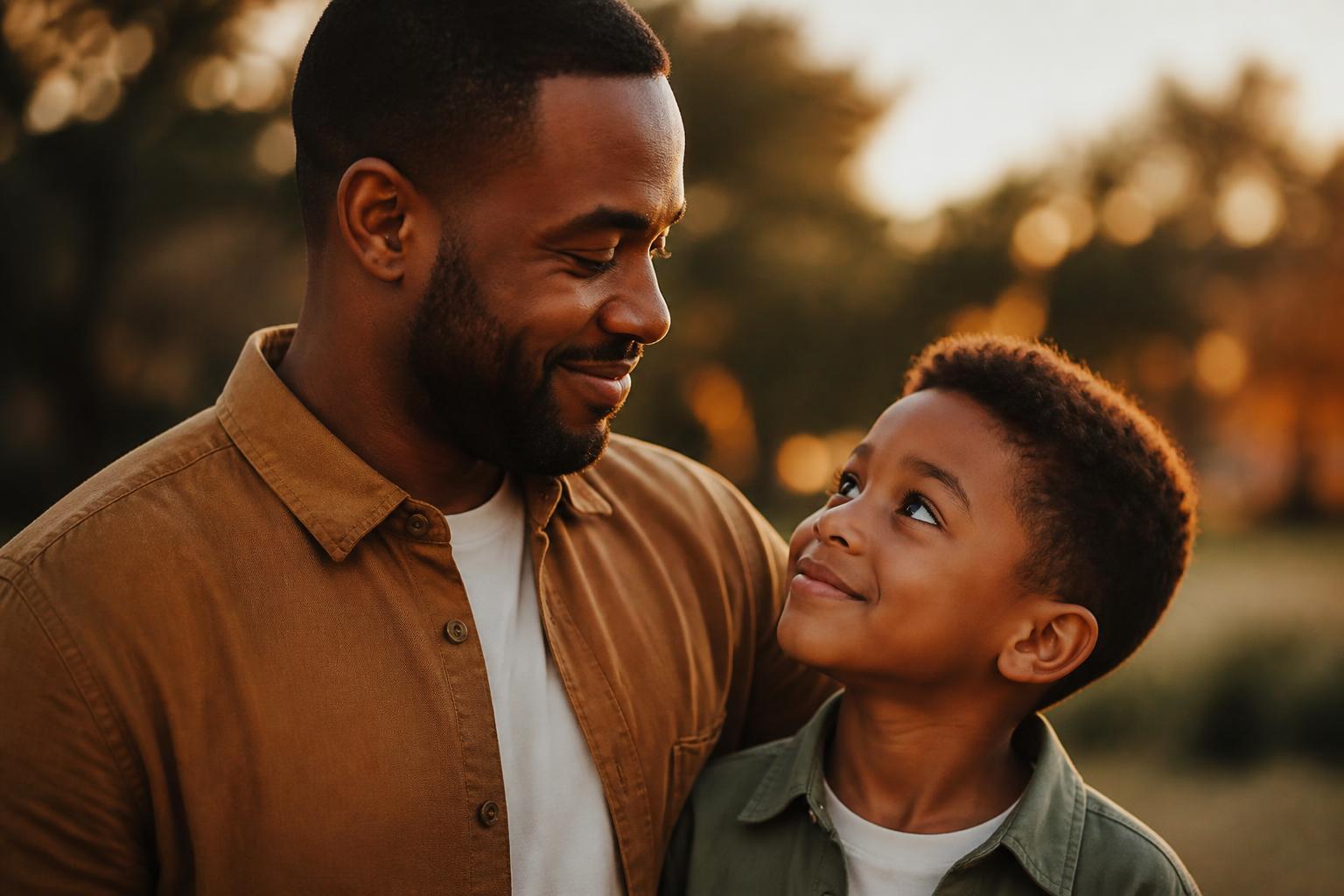 A warm portrait of an African American father and son together in golden hour light