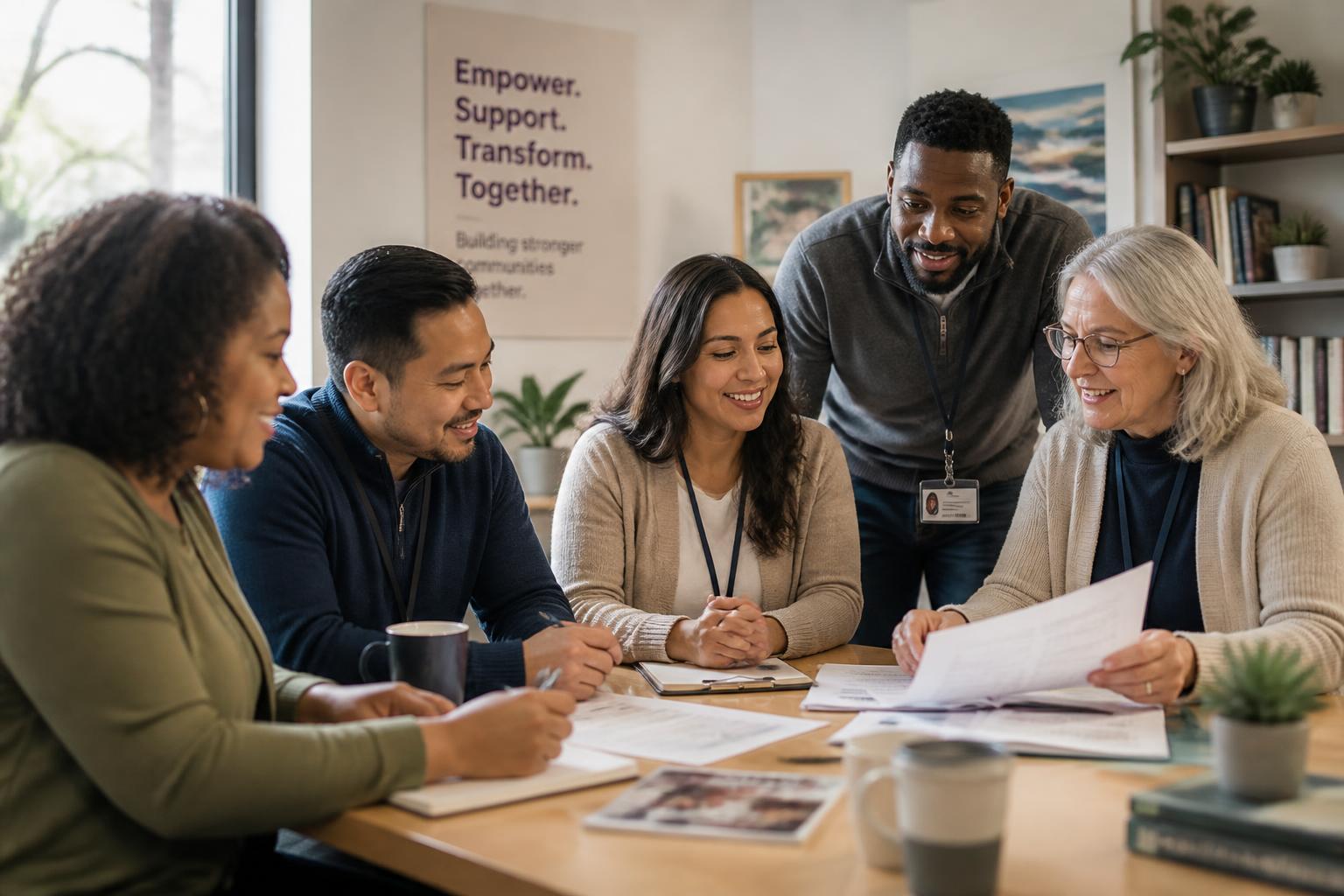 A diverse team of behavioral health and community care professionals collaborating around a table