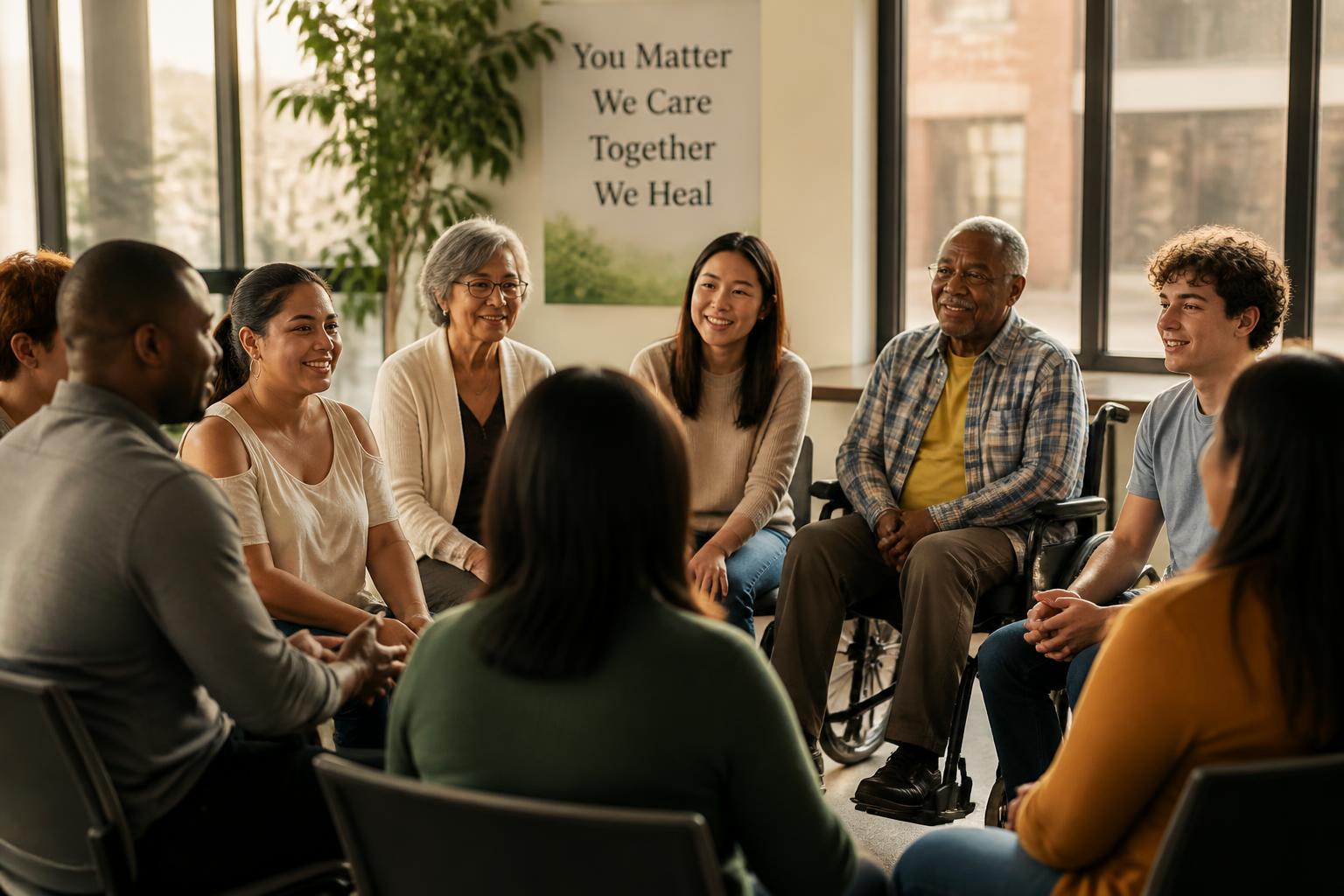 A multi-generational, multiracial community support circle, including a person in a wheelchair, gathered in a bright room