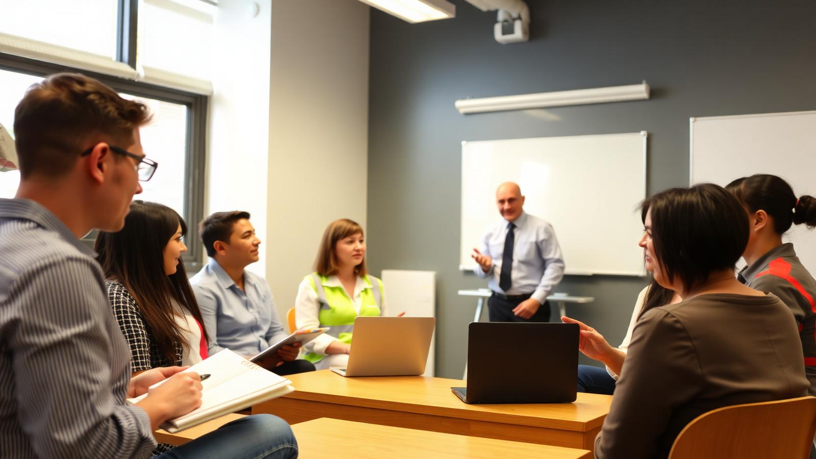 A mixed group of adults in work uniforms and business casual learning together in a community classroom