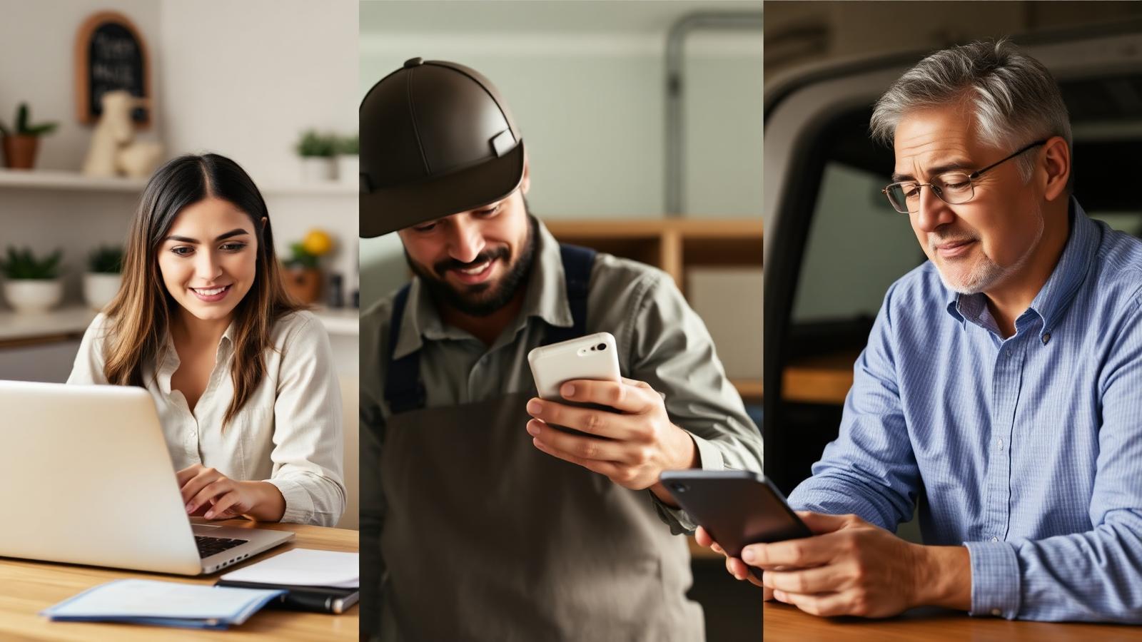 A young professional at a laptop, a tradesperson checking finances on a phone, and a mid career professional planning at a desk