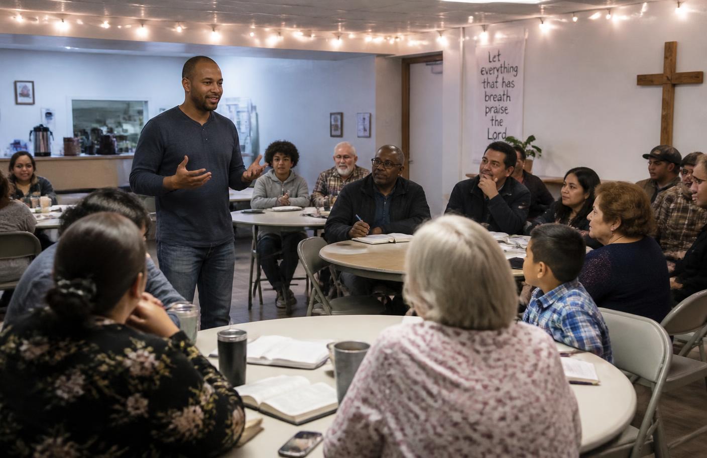A diverse community gathered around tables in a fellowship hall