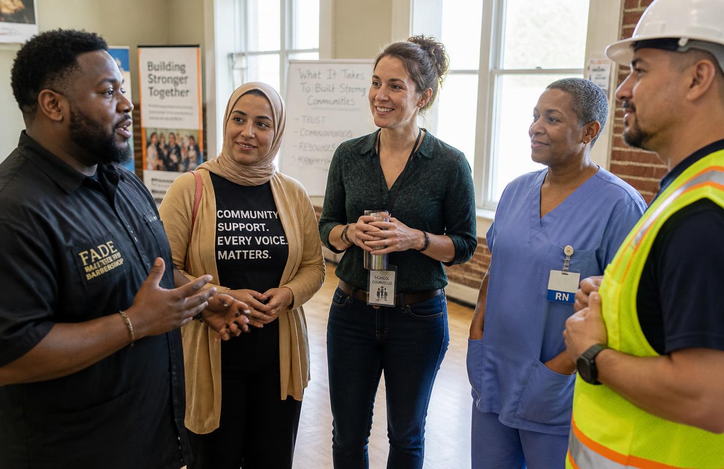 Community and workplace leaders from different backgrounds in conversation