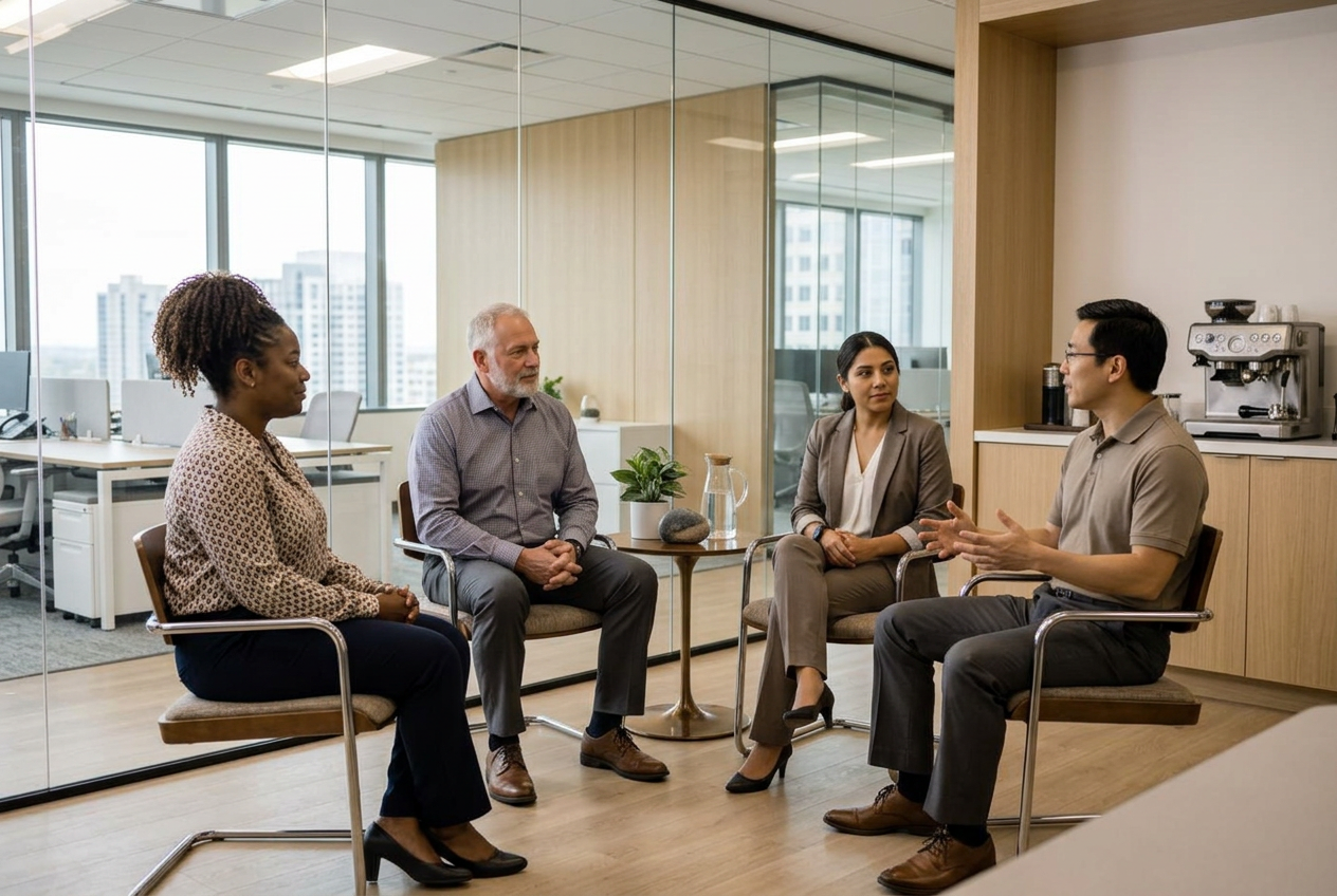 A diverse group of workers in a breakroom wellness session