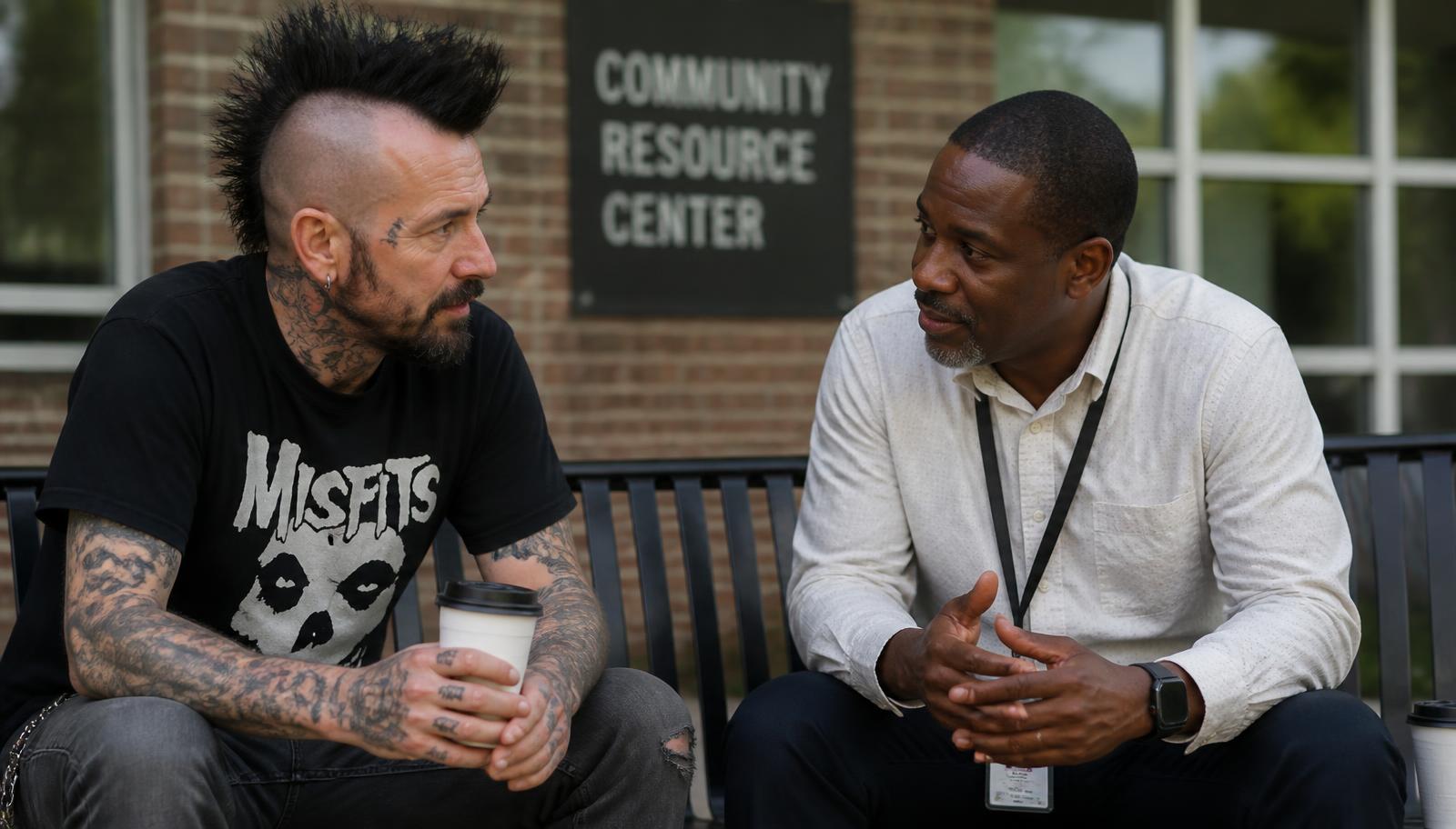 Two men from different backgrounds talking on a bench outside a community center