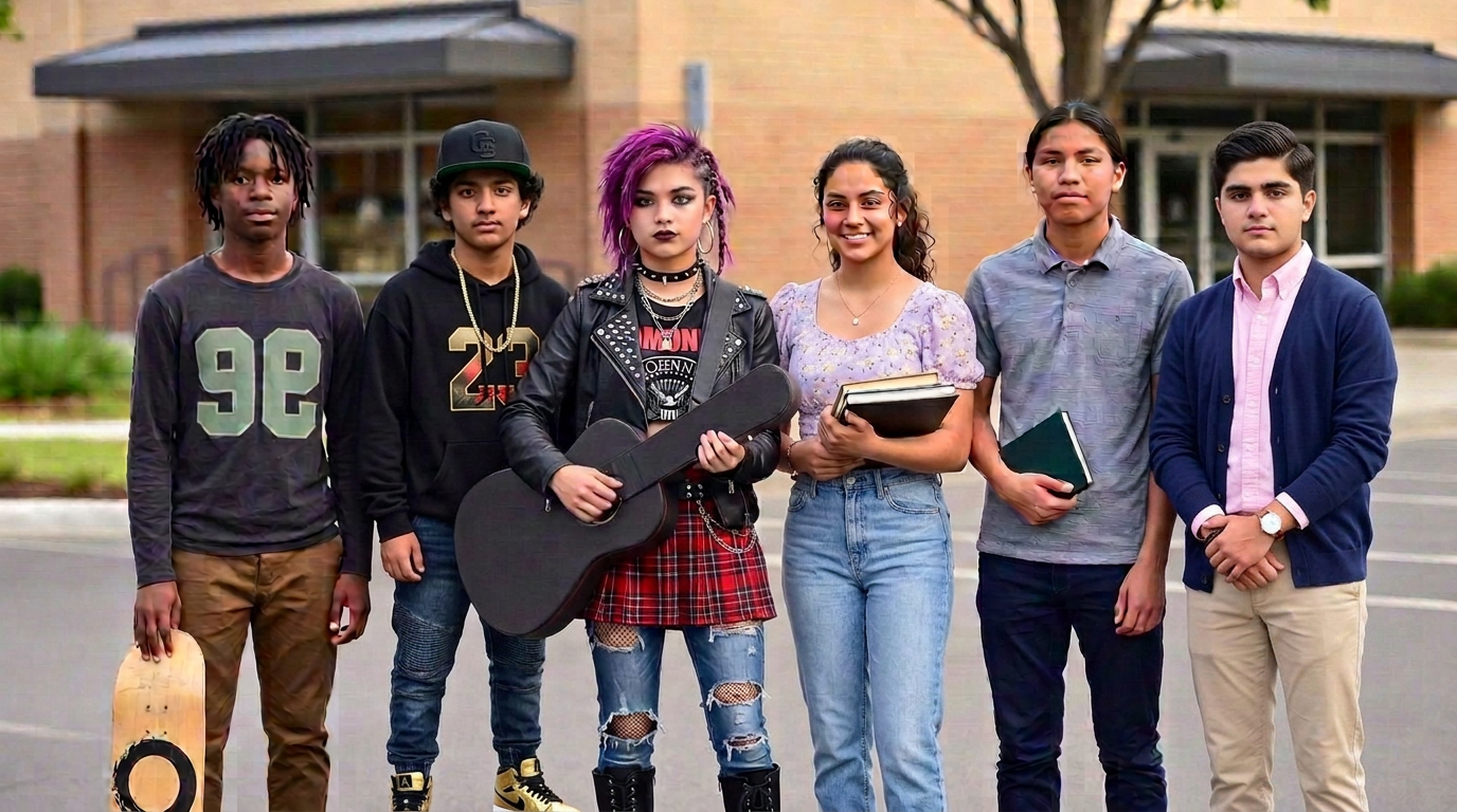A group of teenagers with different styles and interests standing together outside a community center