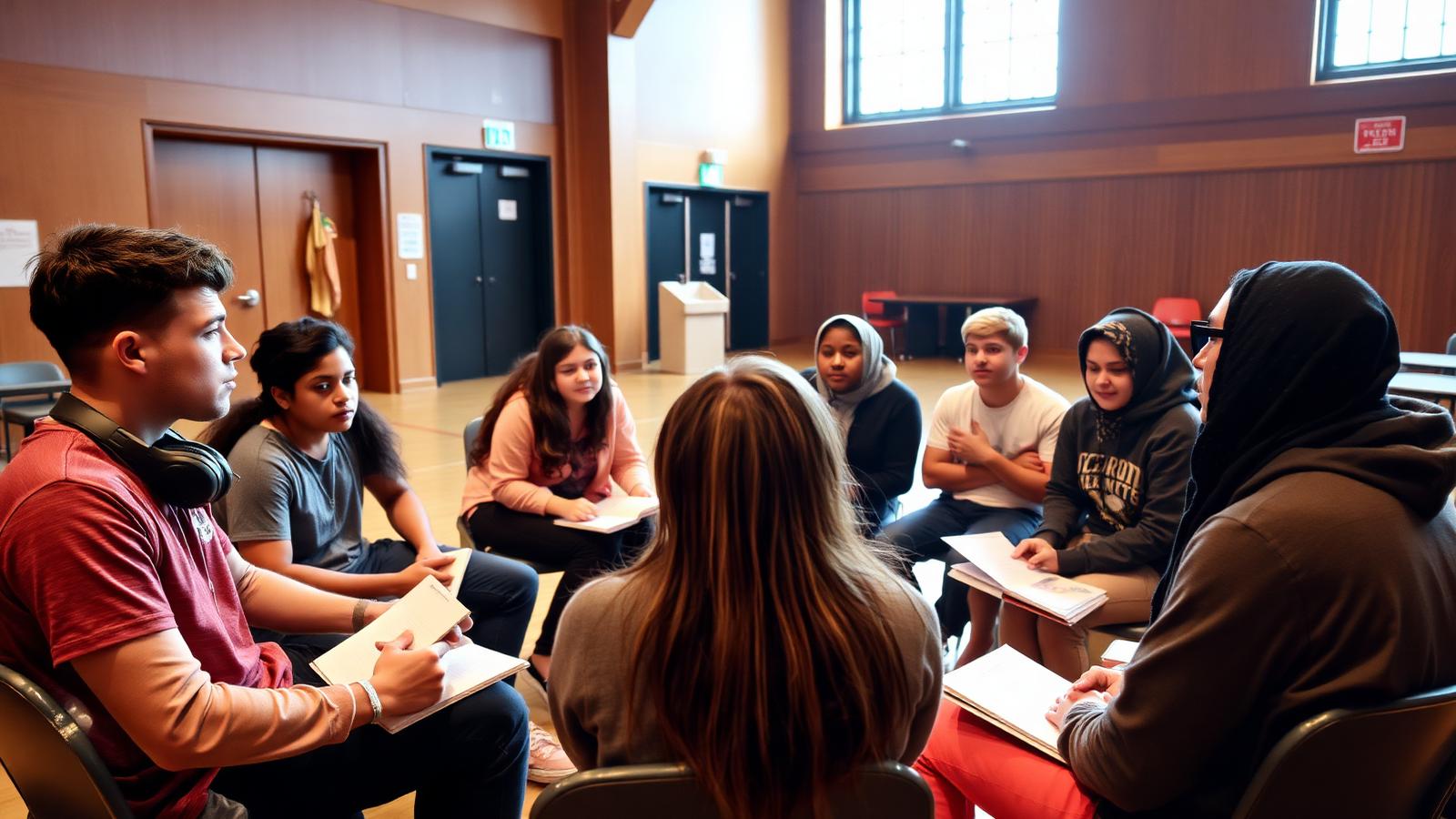 Teens of many backgrounds and styles seated in a workshop circle with workbooks