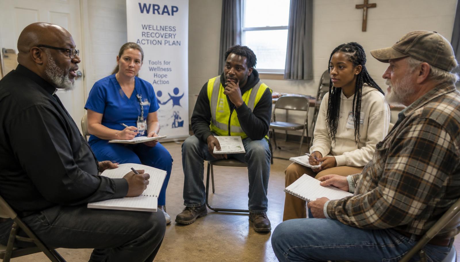 A WRAP group including a pastor, a nurse, a warehouse worker, a college student, and an older rural man